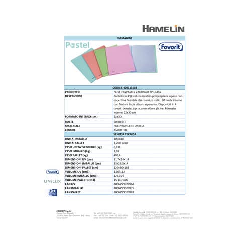 Portalistino Favorit Pastel liscio in PPL opaco 22x30 cm 60 buste fisse colori assortiti - 400115583
